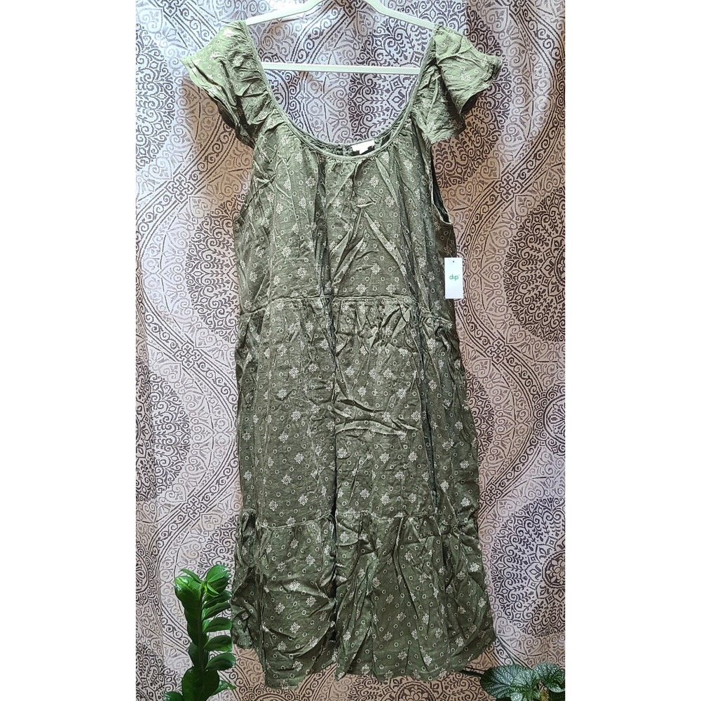 Dip Midi Dress Womens 1X Olive Green NWT Floral Tiered Cotton Blend Boho Pockets